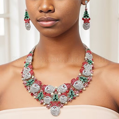 Рождественский комплект из ожерелья с подвеской в виде Санта-Клауса и листьев из сплава со стразами и серег-гвоздиков WGF6AE0-03-1