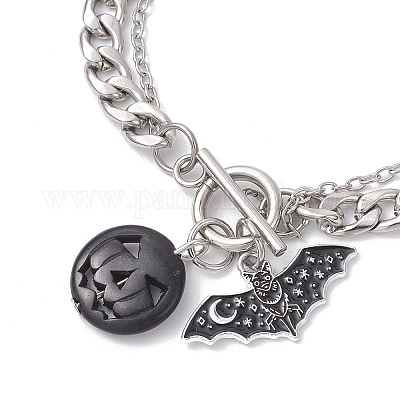 Комплект браслетов из нержавеющей стали 304 с подвесками в виде летучей мыши из сплава эмали и тыквы из окрашенной синтетической бирюзы на Хэллоуин BJEW-JB12446-03-1