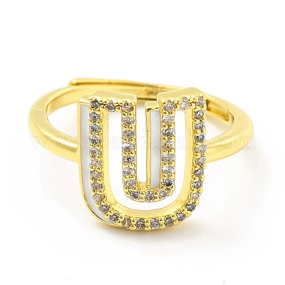 Регулируемое кольцо с инициалами из разноцветной эмали и прозрачным кубическим цирконием RJEW-P045-01G-U-1