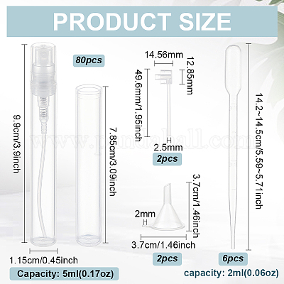 80 шт. пустой портативный пластиковый флакон для духов с распылителем с 2 шт. пластиковым насосом с 2 шт. мини-прозрачной пластиковой воронкой-бункером с 6 шт. одноразовыми пластиковыми капельницами AJEW-BC0007-50A-1