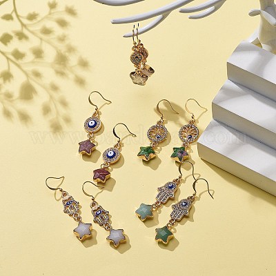 Звезда из натурального драгоценного камня с серьгами с подвесками от сглаза EJEW-JE05069-1