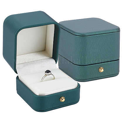 OLYCRAFT 2Pcs Leather Ring Bearer Box Vintage Green Jewelry Ring Boxes Leather Ring Gift Box Premium Gorgeous Vintage Single Slot for Wedding LBOX-WH0002-01-1