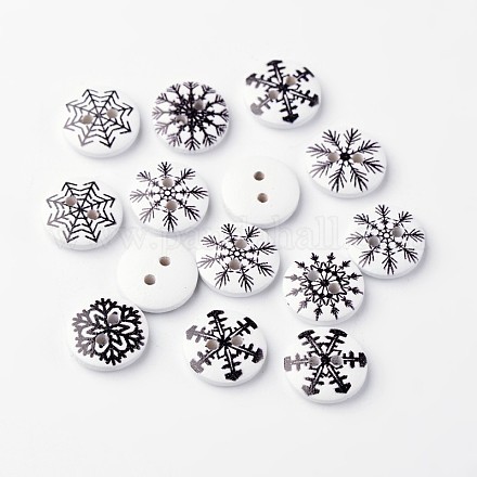 Rotonda e piatta con fiocco di neve a 2 foro bottoni in legno stampato BUTT-M014-42-1