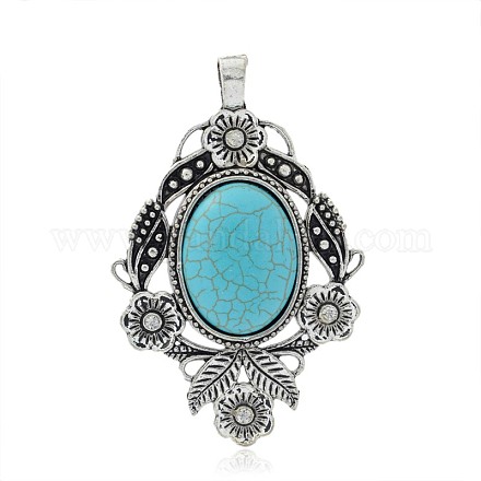 Antique Silver Plated Oval Alloy Dyed Synthetic Turquoise Big Pendants PALLOY-J168A-01AS-1