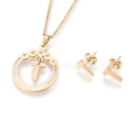 304 Stainless Steel Rhinestone Pendant Necklaces and Stud Earrings Jewelry Sets SJEW-L194-01T-1