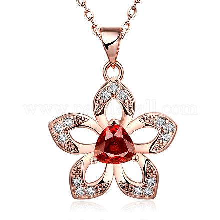 Real Rose Gold Plated Brass Cubic Zirconia Hollow Flower Pendant Necklaces NJEW-BB04928-RG-1