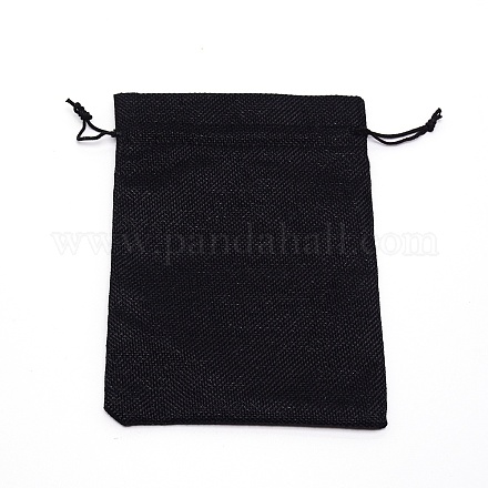 長方形リネンクラフト巾着袋  ジュエリーラッピング用  ブラック  20x14.5x0.35cm ABAG-WH0031-02-1