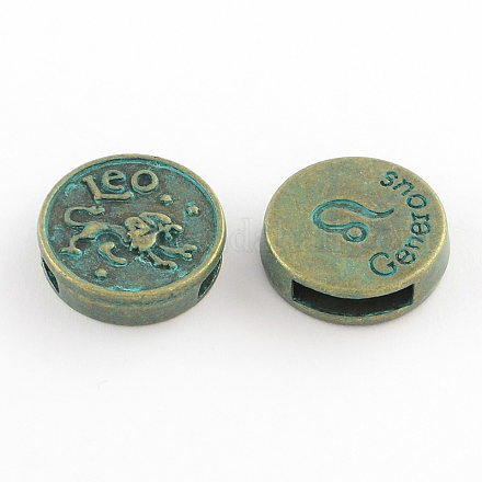 Antique Bronze & Green Patina Plated Flat Round Zinc Alloy Slide Charms X-PALLOY-Q307-08-NR-1