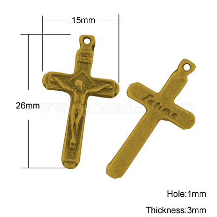 チベット風チャーム  十字架クロス/ジーザスクロス  イースターのために  無鉛の  アンティーク黄金  26x15x3mm  穴：1mm TIBEP-A24179-AG-LF-1