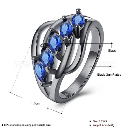 シンプルな真鍮のガラスフィンガー指輪  ブルー  ガンメタ色  usサイズ8（18.1mm） RJEW-BB20205-A-8-1