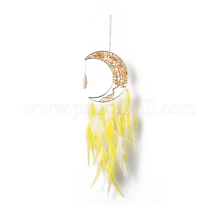 Chips de aventurina amarilla natural con cuentas árbol de la vida luna con adornos colgantes de plumas HJEW-M004-16-1