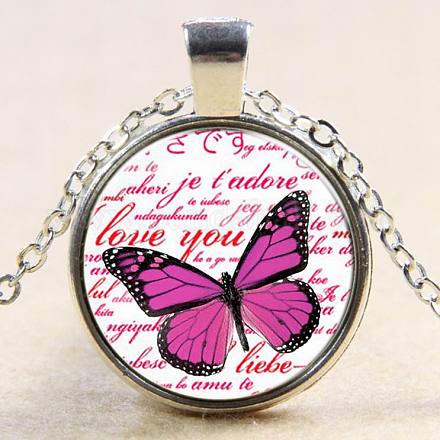 Papillon avec motif de mots ronds plat pendentifs en verre NJEW-N0051-008K-02-1