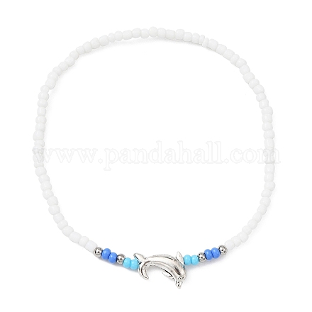 Bracelet de cheville extensible en perles de dauphin et de graines en alliage de style tibétain pour femmes AJEW-AN00558-1