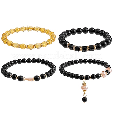4 pièces 4 styles de citrine synthétique et de bracelets extensibles en jade mashan naturel sertis de perles de verre BJEW-SW00105-01-1
