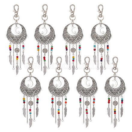 Nbeads 8Pcs Woven Net/Web with Feather Tibetan Style Alloy Pendant Decorations HJEW-NB0001-89-1