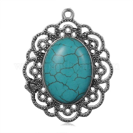 Oval Flower Antique Silver Plated Alloy Synthetic Turquoise Pendants PALLOY-F081-02AS-1