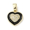 Brass Micro Pave Cubic Zirconia Enamel Pendants, Heart Charms, Real 18K Gold Plated, Black, 15.5x14x4mm, Hole: 5.5x2.5mm