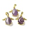 Natural Amethyst Pendants, Teardrop Charms with Golden Tone Brass Wings, Rack Plating, Cadmium Free & Lead Free, 22.5x24.5x9mm, Hole: 7.5x4.5mm