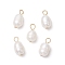 Natural Cultured Freshwater Pearl Rice Charms, with 304 Stainless Steel Loops, Floral White, Golden, 13.5~14x7mm, Hole: 2.5mm