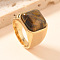 304 Stainless Steel and Natural Tiger Eye Finger Rings, Golden, Square, US Size 7(17.3mm)