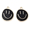 Alloy Enamel Pendants, Cadmium Free & Lead Free, Golden, Flat Round with Smiling Face Charm, Black, 24.5x19.5x1.5mm, Hole: 2mm