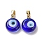 Handmade Lampwork Evil Eye Pendants, with Real 18K Gold Plated Brass Findings, Cadmium Free & Lead Free, Dark Blue, 15x12x5mm, Hole: 4.5x3.5mm