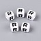 Opaque Acrylic Beads, Cube with Number, with Enamel, Black, Letter R, 7.5~8x7.5~8x8~8.5mm, Hole: 3.6~4mm, about 1200pcs/500g