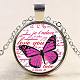 Papillon avec motif de mots ronds plat pendentifs en verre NJEW-N0051-008K-02-1