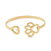 Ion Plating(IP) Hollow Dog Paw Print & Heart 304 Stainless Steel Cuff Bangles for Women BJEW-L682-015G