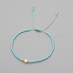 Pulseras trenzadas de cuentas de vidrio ajustables para mujer, con perlas naturales de agua dulce y latón, el cielo azul, 11.02 pulgada (28 cm)