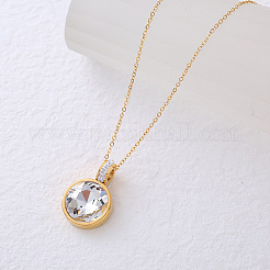 Ожерелья с плоским круглым кулоном из нержавеющей стали с прозрачными кубическими цирконами для женщин XK7072