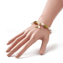 Braccialetto elasticizzato con perline rotonde in agata di pavone naturale tinta e perle di conchiglia&nbsp;BJEW-TA00233