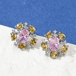 Цветок латуни микро проложить кубического циркония серьги стержня EJEW-M082-20P