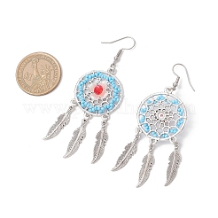 Плоские круглые с перьями стеклянные бусины ручной работы серьги-люстры&nbsp;EJEW-MZ00473-04