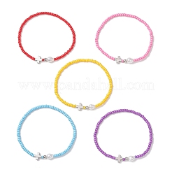 5 шт. эластичный браслет из стеклянного бисера с латунным крестиком и искусственным жемчугом&nbsp;BJEW-MZ00300