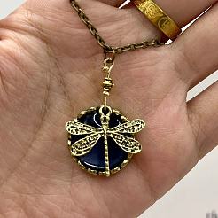 Богемный плоский круглый с рисунком стрекозы сплав темно-голубого стекла подвеска ожерелья для женщин FS-WG33723-01