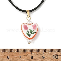 Collier pour femme avec pendentif en porcelaine imprimée en forme de cœur et cordon ciré noir&nbsp;NJEW-JN06482