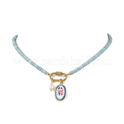 Collares de mujer con colgante de acero inoxidable 304 y cuentas redondas de vidrio teñido.&nbsp;NJEW-JN06540-03