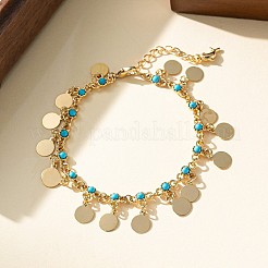 Комплекты ожерелий и браслетов с подвесками из плоского круглого сплава и синтетической бирюзы FS-WG9B54E-01