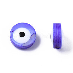 天然淡水シェルビーズ  エナメル  染め  ナザールボンジュウ付きフラットラウンド  モーブ  8x3~4mm  穴：0.8mm&nbsp;SHEL-S278-001B