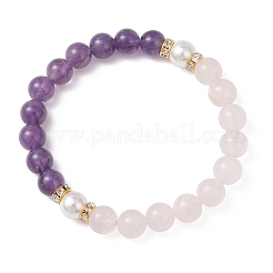 Эластичные браслеты из натуральных бусин розового кварца и аметиста для женщин&nbsp;BJEW-JB13193-01