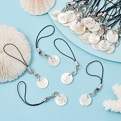 Плоский круглый с лямками для мобильных устройств из натуральной пресноводной ракушки с буквой A~z HJEW-JM01079