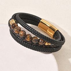 Geflochtene Mikrofaser-Lederkordel & mehrsträngige Armbänder aus natürlichem Tigerauge&nbsp;BJEW-C153-01H