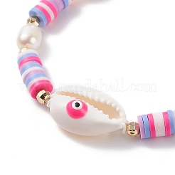 Conchiglia naturale con malocchio e braccialetto di perle intrecciate di perle&nbsp;BJEW-TA00049-03