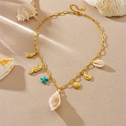 Женские ожерелья с подвеской в форме ракушки морской звезды и морского конька из нержавеющей стали 304&nbsp;NJEW-F347-01B