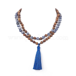 Буддийское ожерелье из натуральной голубой яшмы и дерева NJEW-JN04306