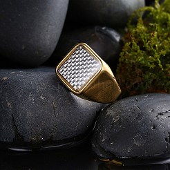 メンズステンレススチールフィンガー指輪  ワイドバンドリング  正方形  ホワイト  ゴールドカラー  usサイズ10（19.8mm）&nbsp;RJEW-BB29400-A-10