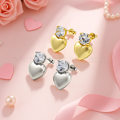 2 пара двухцветных сережек-гвоздиков в форме сердца с покрытием из латуни с микропаве из прозрачных кубических цирконий&nbsp;EJEW-GO0001-09
