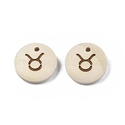 レーザーアウトウッドペンダント  星座12個のフラットラウンド  染色されていない  牡牛座  15x4mm  穴：1.6mm&nbsp;WOOD-S053-51F