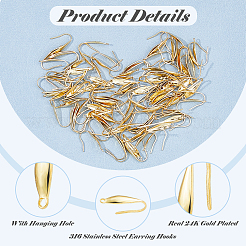 316ステンレススチールピアスフック100個  垂直ループ付き  耳ワイヤー  18KGP本金メッキ  20.5x4.5mm  穴：1.2mm&nbsp;STAS-HS0001-16